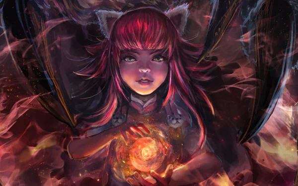Annie from League of Legends, with her bear Tibbers, conjures a bright orb of magic in this striking HD wallpaper, showcasing the whimsical and dark themes of the game.