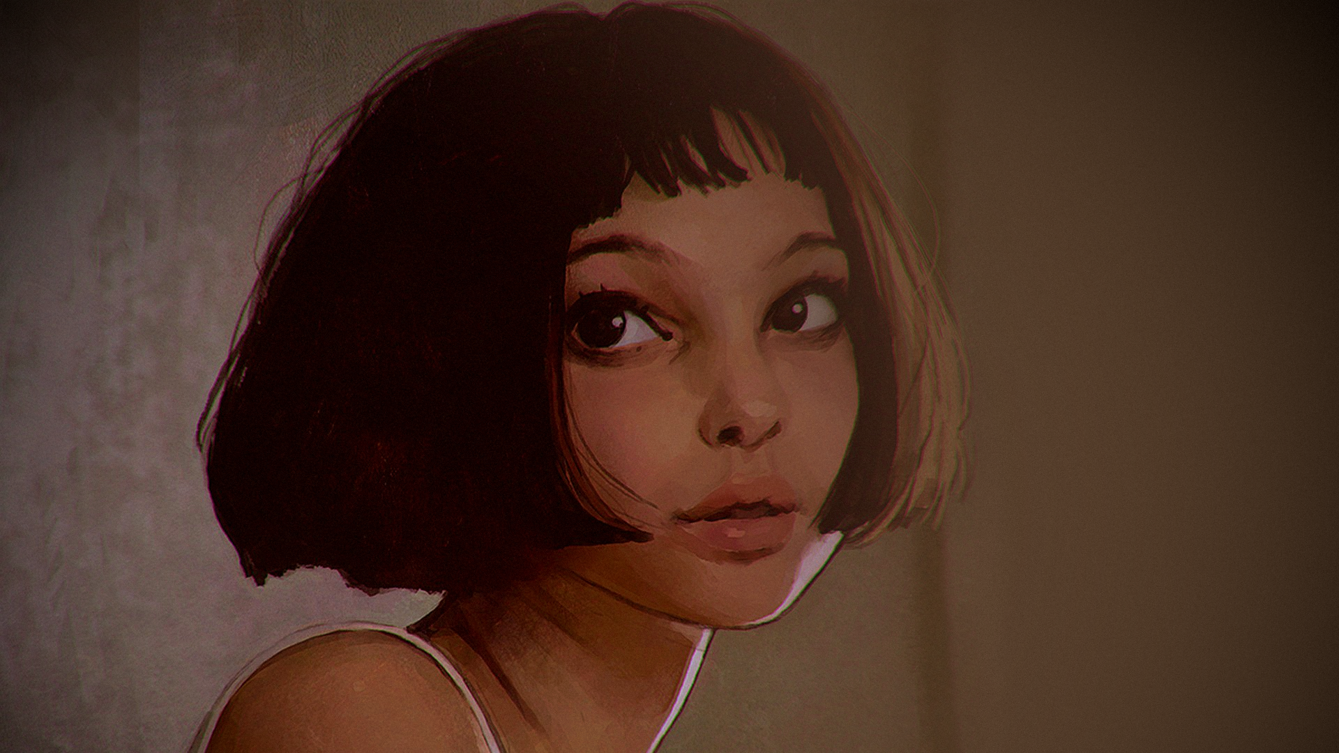 HD desktop wallpaper featuring a stylized portrait of celebrity Natalie Portman with short dark hair and expressive eyes.