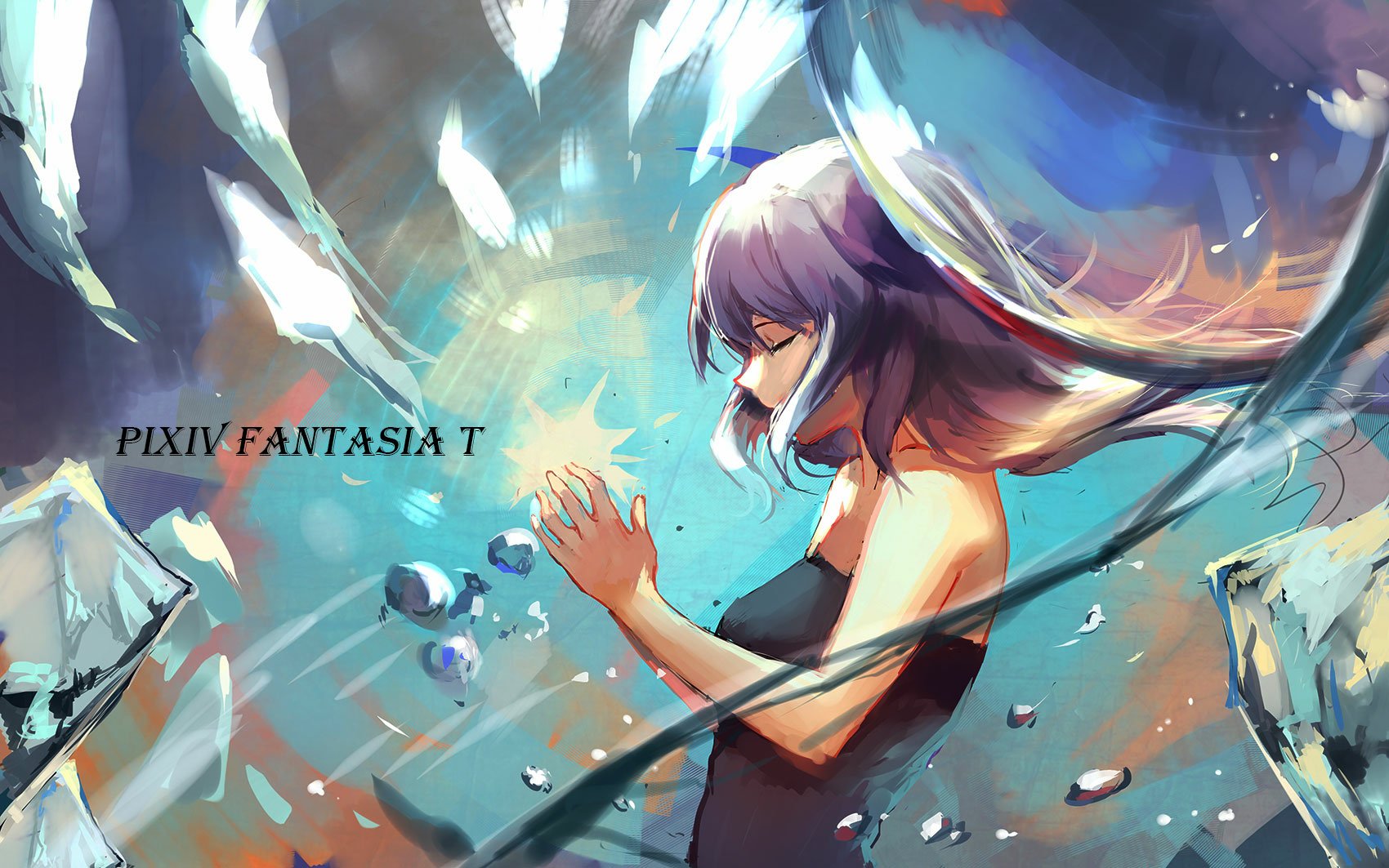 Anime-style digital artwork from Pixiv Fantasia T featuring a serene girl surrounded by floating crystals and glowing light, designed as an HD PC desktop wallpaper.
