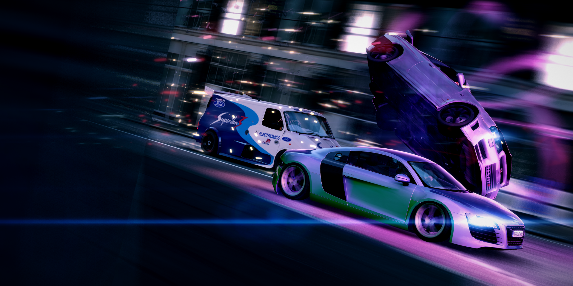 HD PC desktop wallpaper and background: neon-lit video game street race with three speeding cars, one flipping, dynamic motion blur and vibrant purple-blue lighting.