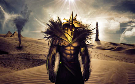 HD fantasy desktop wallpaper featuring a muscular Anubis figure standing in a desert landscape with pyramids, a tornado, and a towering structure in the background under a dramatic sky.
