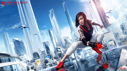 HD desktop wallpaper featuring Faith Connors from the video game Mirror's Edge Catalyst, set against a futuristic cityscape with towering skyscrapers and bright blue skies.