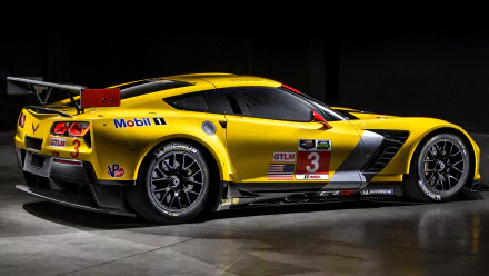 Yellow Chevrolet Corvette C7.R race car with sponsor decals, showcased in a 4K Ultra HD PC desktop wallpaper and background.