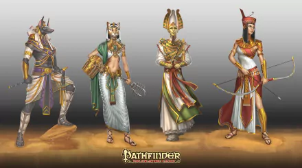A vibrant HD wallpaper featuring Egyptian gods Osiris, Bastet, and Anubis, designed for the Pathfinder video game, showcasing stunning character artwork and rich mythology.