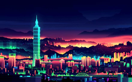 HD wallpaper featuring a vibrant, stylized depiction of Taipei's skyline at night with the Taipei 101 skyscraper prominently displayed amidst colorful buildings.