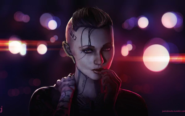 HD PC desktop wallpaper featuring Jack from the video game Mass Effect, showcasing her intense gaze and distinctive tattoos against a blurred, vibrant background.
