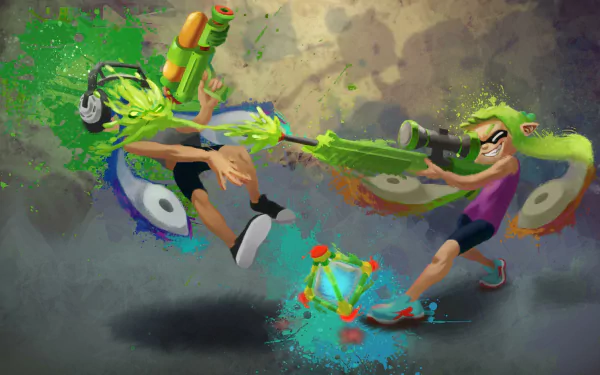 HD Splatoon themed desktop wallpaper featuring two characters in an intense ink battle.
