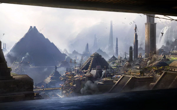 Fantasy cityscape of the Huey Altepetl Aztec empire, featuring towering pyramids, waterfalls, and misty mountains in a detailed Mesoamerican setting.