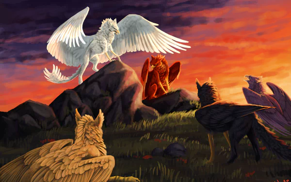 HD PC desktop wallpaper depicting a fantasy scene with a majestic griffin with white wings perched on a rock at sunset, surrounded by other mythical winged creatures.