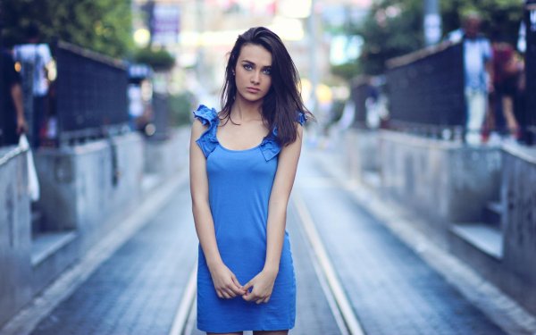 Women Model Brunette Blue Eyes Blue Dress Depth Of Field Black Hair HD Wallpaper | Background Image