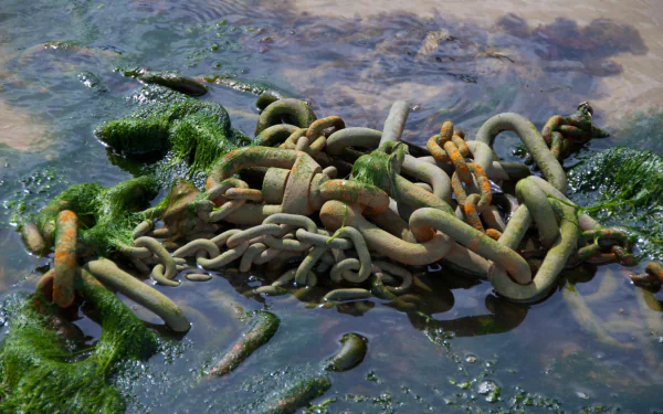 A high-definition desktop wallpaper featuring a rusted chain partially submerged in water, entwined with green algae, creating a striking man-made and natural contrast.