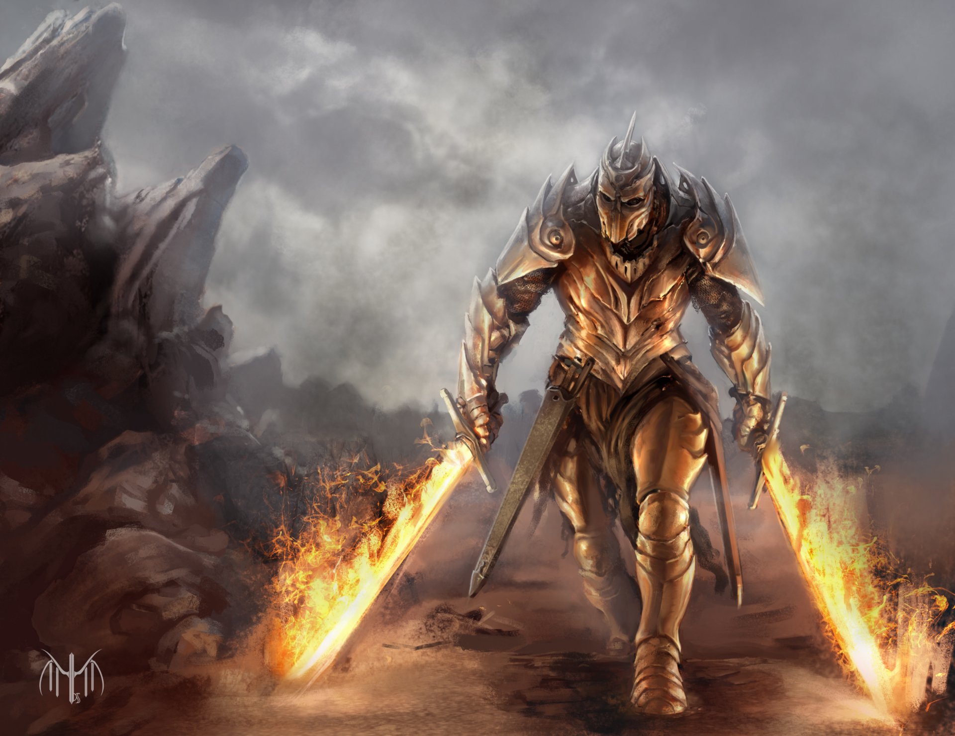 HD desktop wallpaper featuring a fantasy warrior in armor, walking through a battlefield with swords aflame.