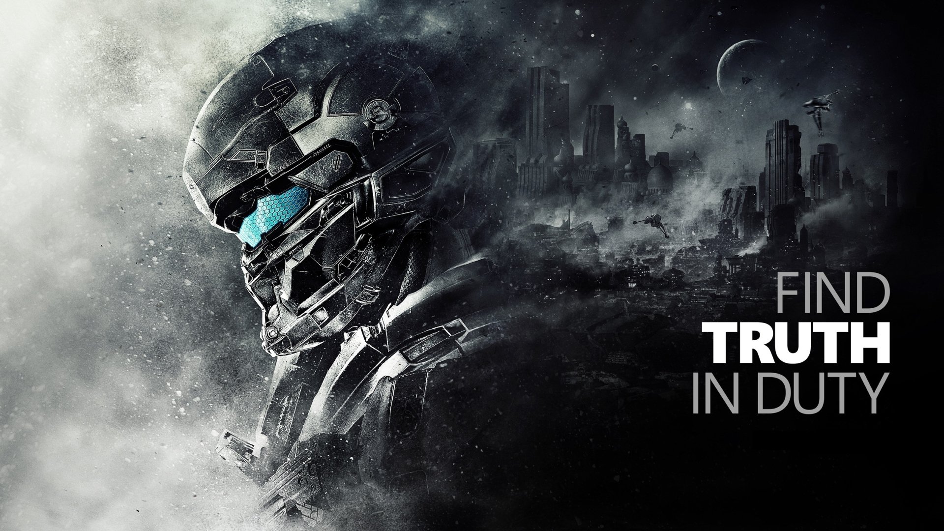 A striking HD wallpaper for Halo 5: Guardians, featuring a reflective armored figure against a dramatic, shadowy background with the text FIND TRUTH IN DUTY.