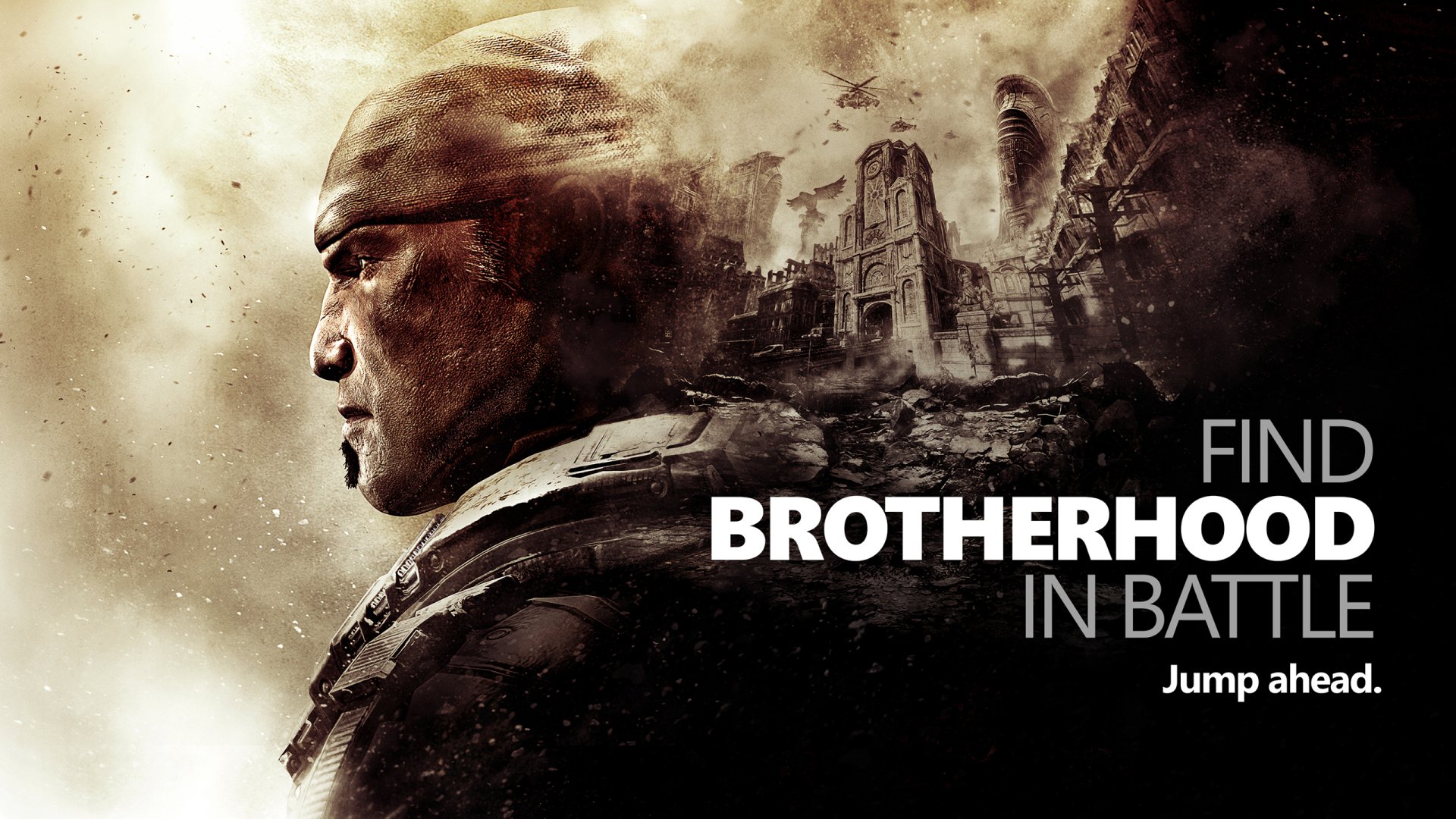 An HD desktop wallpaper featuring a character from Gears of War, embodying strength and camaraderie with the text Find brotherhood in battle. Jump ahead.