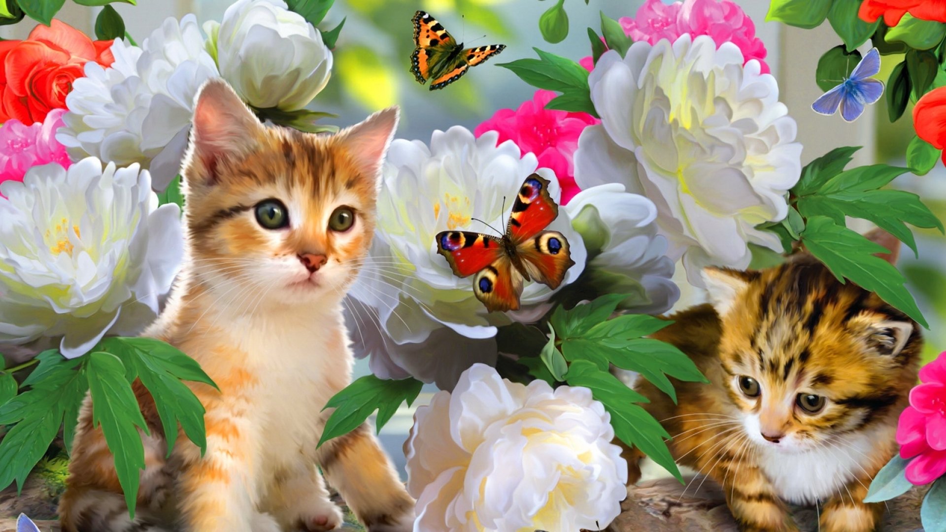 Two playful cats sit among vibrant peonies, with butterflies fluttering nearby. This HD PC wallpaper captures a lively and colorful scene of nature and feline charm.