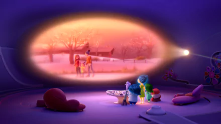 4K Ultra HD Inside Out wallpaper featuring the emotions Anger, Disgust, Fear, Sadness, and Joy watching a nostalgic childhood scene on a projector in a cozy room.
