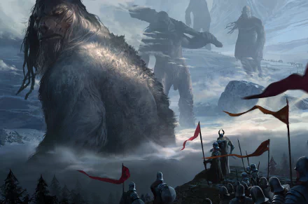 HD wallpaper depicting a fantasy scene with giants and warriors in a snowy landscape, featuring dramatic red flags and a foreboding atmosphere.