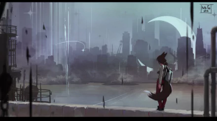 HD anime wallpaper featuring a girl with fox features gazing at a futuristic cityscape under a celestial glow.