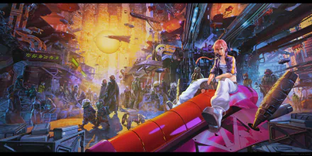 HD desktop wallpaper featuring a woman in a vibrant sci-fi cityscape with dynamic characters and colorful details.