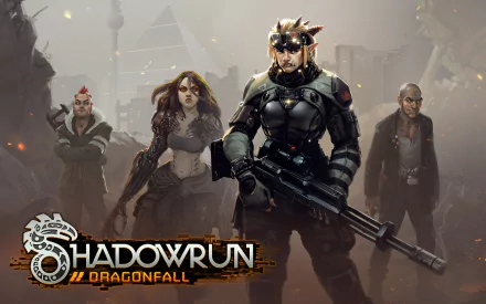 HD PC desktop wallpaper featuring a cyberpunk-themed Shadowrun: Dragonfall scene with four diverse characters in futuristic, gritty urban attire ready for action.