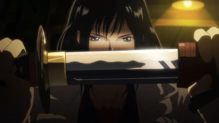 Anime HD desktop wallpaper from Blood-C: The Last Dark, featuring a character holding a katana blade up close with intense eyes in dim lighting.