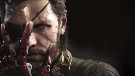 HD desktop wallpaper and background featuring Solid Snake from Metal Gear Solid V: The Phantom Pain, showing his intense gaze and signature eyepatch, set against a dark background.