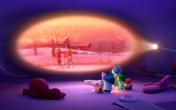 4K Ultra HD Inside Out wallpaper featuring the emotions Anger, Disgust, Fear, Sadness, and Joy watching a nostalgic childhood scene on a projector in a cozy room.