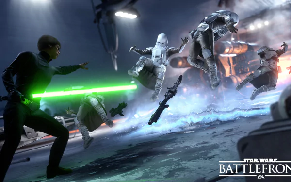 Luke Skywalker battles against stormtroopers in this HD wallpaper from Star Wars Battlefront (2015), showcasing dynamic action and vivid graphics from the iconic video game.