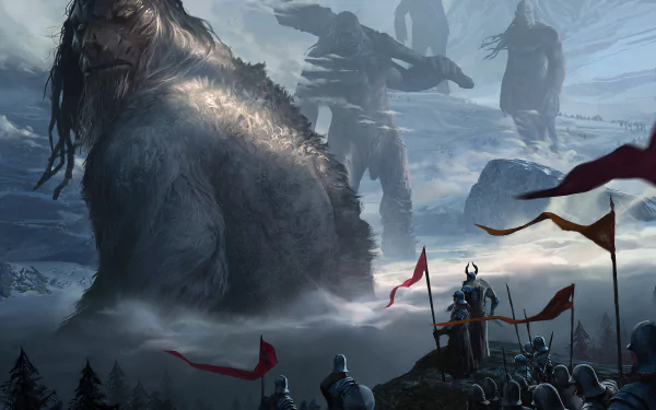 HD wallpaper depicting a fantasy scene with giants and warriors in a snowy landscape, featuring dramatic red flags and a foreboding atmosphere.