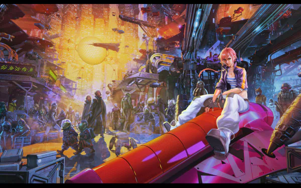HD desktop wallpaper featuring a woman in a vibrant sci-fi cityscape with dynamic characters and colorful details.