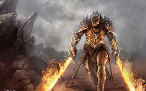 HD desktop wallpaper featuring a fantasy warrior in armor, walking through a battlefield with swords aflame.