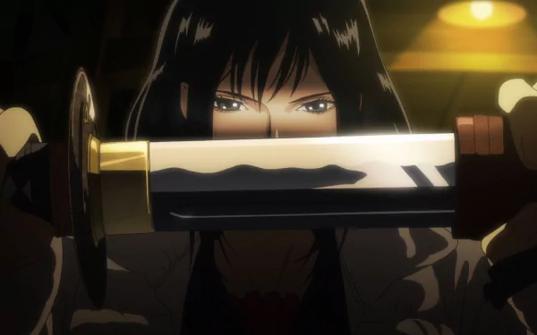 Anime HD desktop wallpaper from Blood-C: The Last Dark, featuring a character holding a katana blade up close with intense eyes in dim lighting.