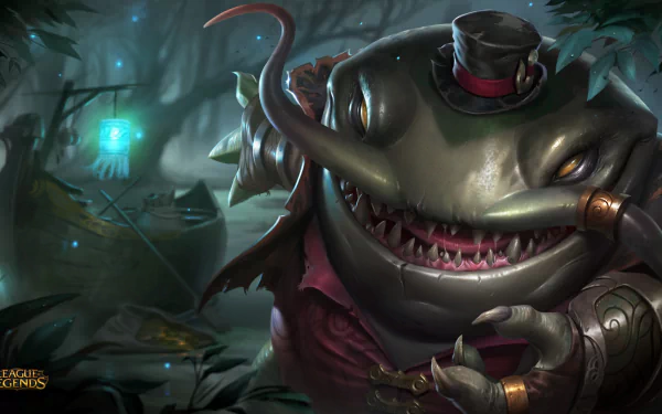 HD PC desktop wallpaper featuring Tahm Kench from the video game League of Legends with a dark, eerie swamp background.