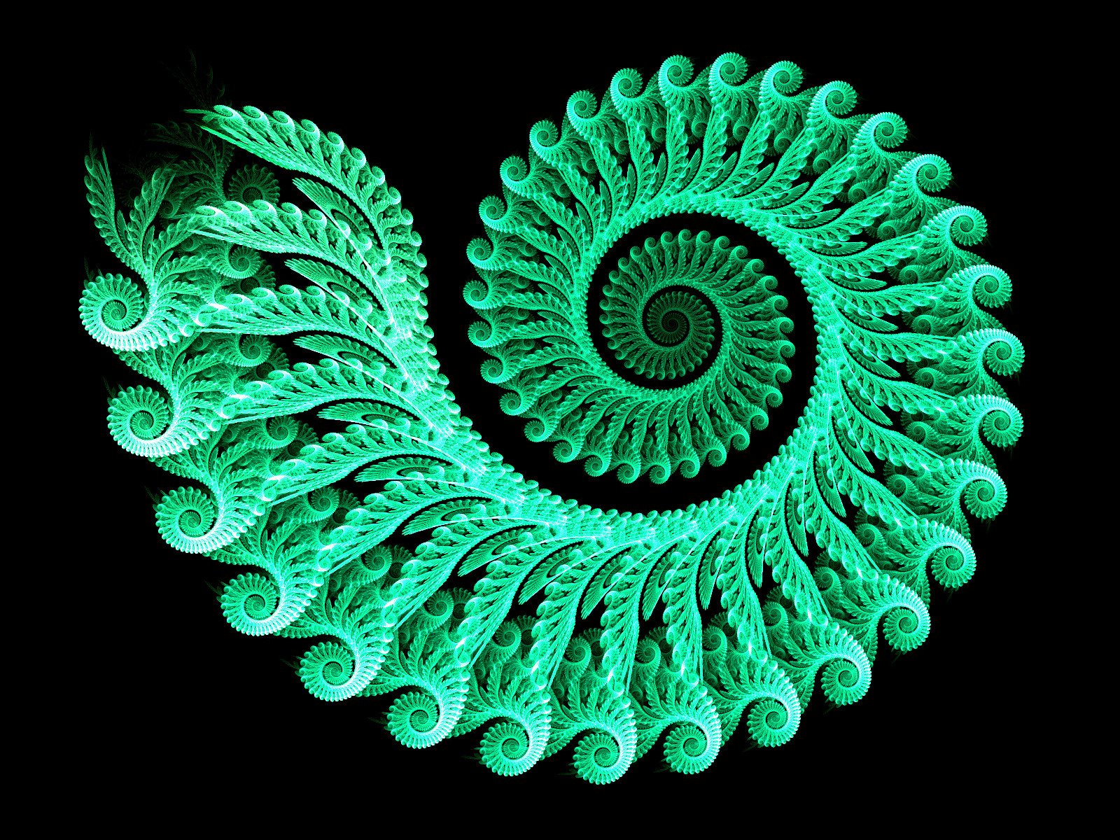 Abstract fractal design in vibrant green spirals against a black background, rendered as a high-definition PC desktop wallpaper and background.