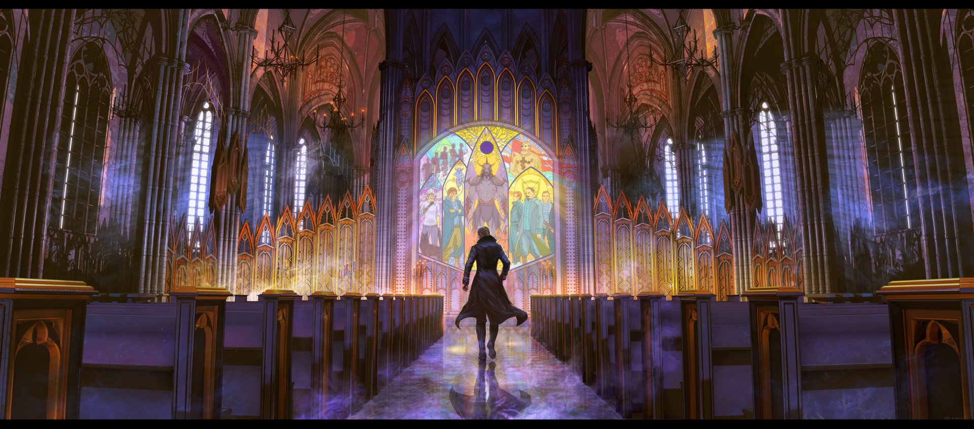 A dramatic comic-style scene featuring a figure in a long coat walking through a cathedral, illuminated by vibrant stained glass, designed as an HD PC desktop wallpaper.