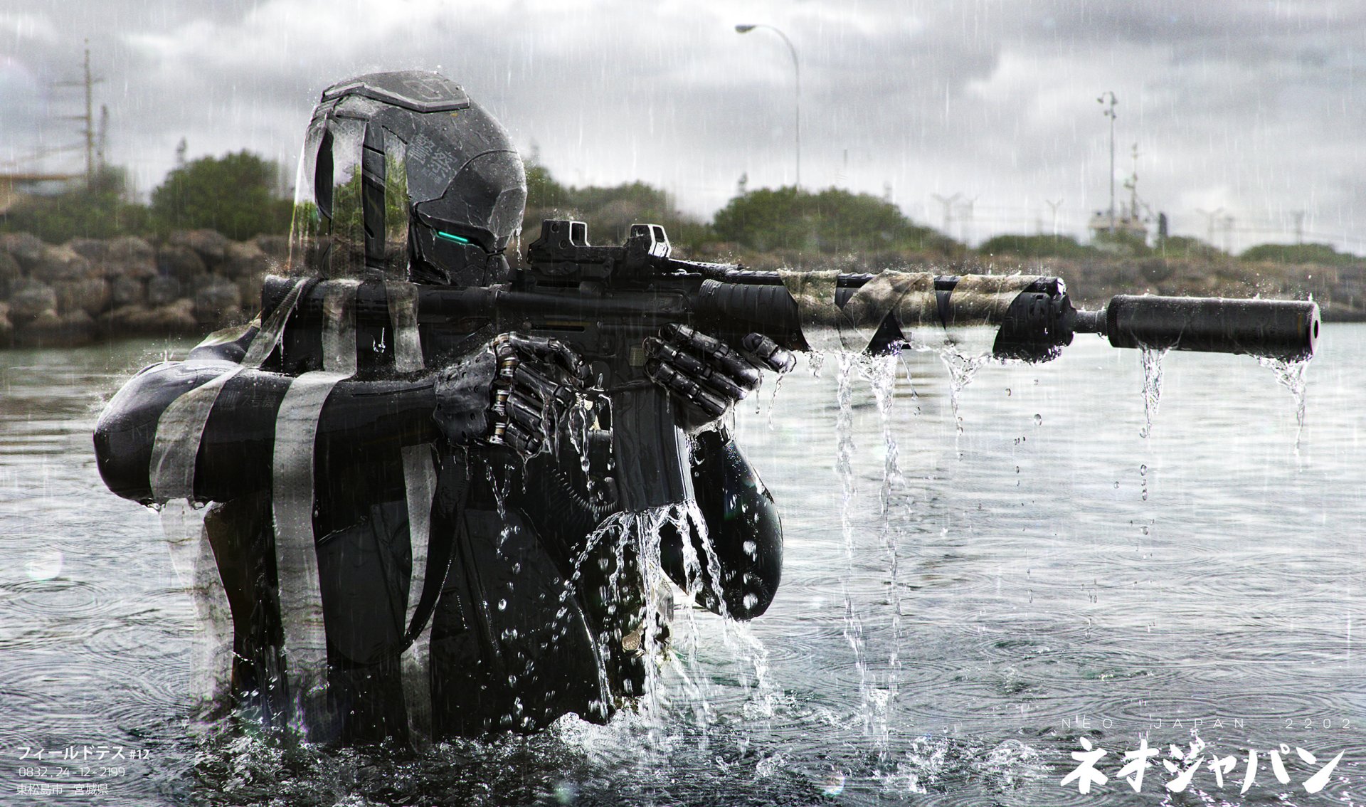 A futuristic warrior emerges from water in a sci-fi setting, featuring a sleek design and armed stance, representing the Neo Japan 2202 theme. High-definition wallpaper for an immersive background.