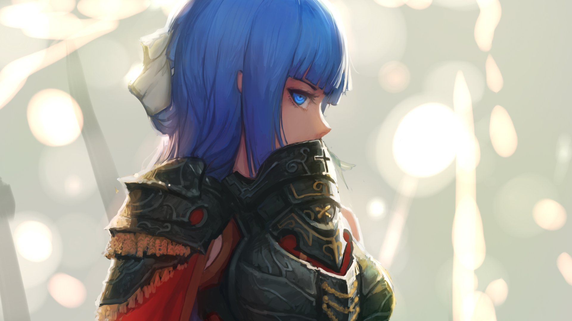 HD desktop wallpaper featuring a blue-haired anime character in armor, set against a dreamy background with soft lights. Part of the Pixiv Fantasia T collection.