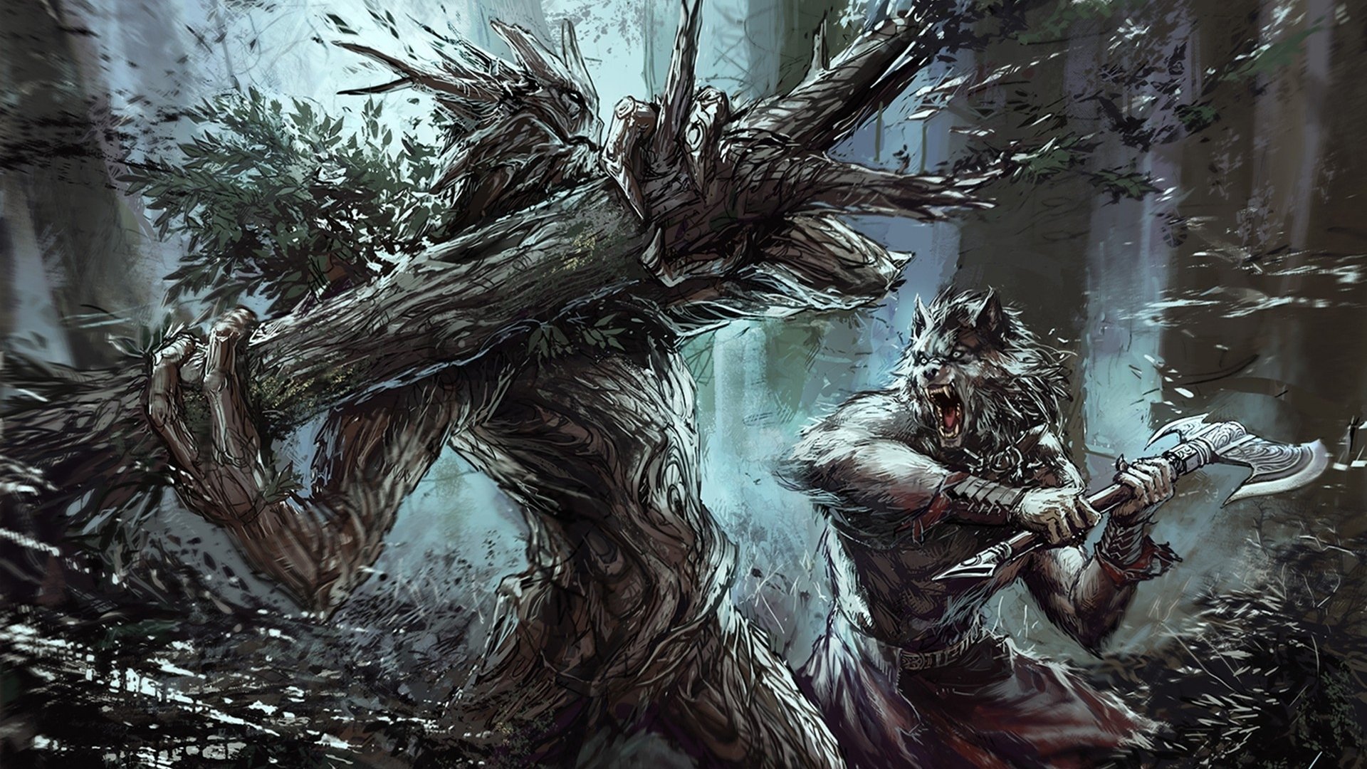 HD PC desktop wallpaper depicting a fierce fantasy warrior battling a towering tree creature in a dark, enchanted forest.
