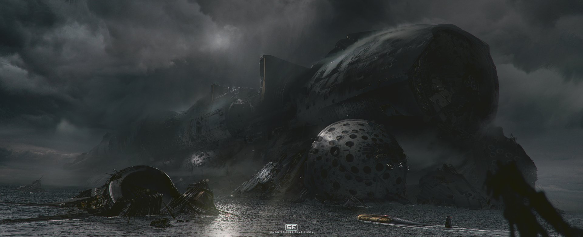HD Sci-Fi desktop wallpaper showing a dark, eerie landscape with a futuristic spaceship and mysterious dome structures under a stormy sky.
