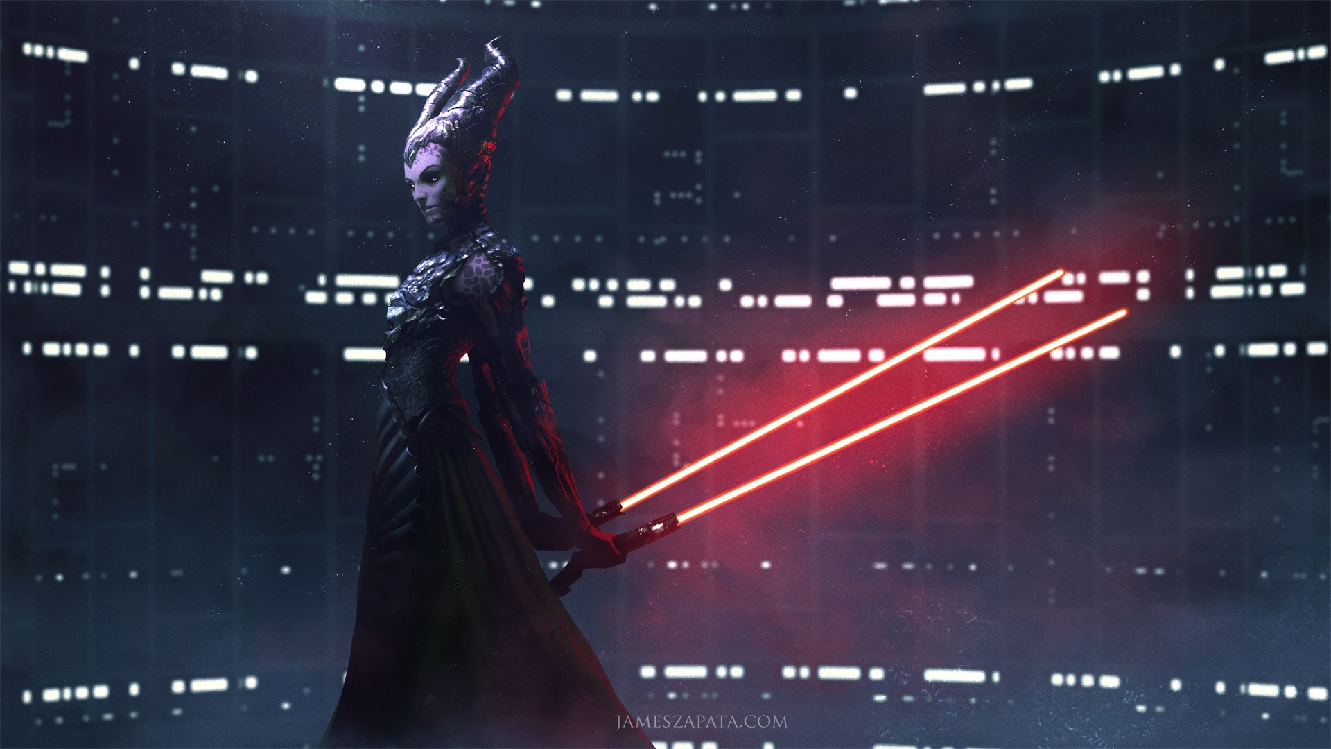 A striking HD wallpaper featuring a horned figure wielding dual red lightsabers in a dark, futuristic setting inspired by the Star Wars universe.
