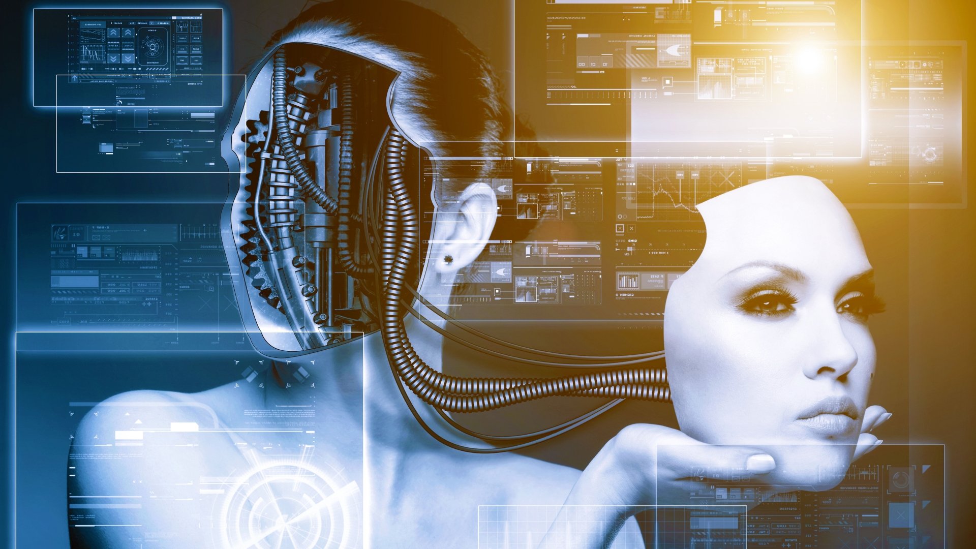 8K Ultra HD PC desktop wallpaper featuring a sci-fi cyborg with a partially exposed mechanical face and a human mask, set against a futuristic digital interface background.