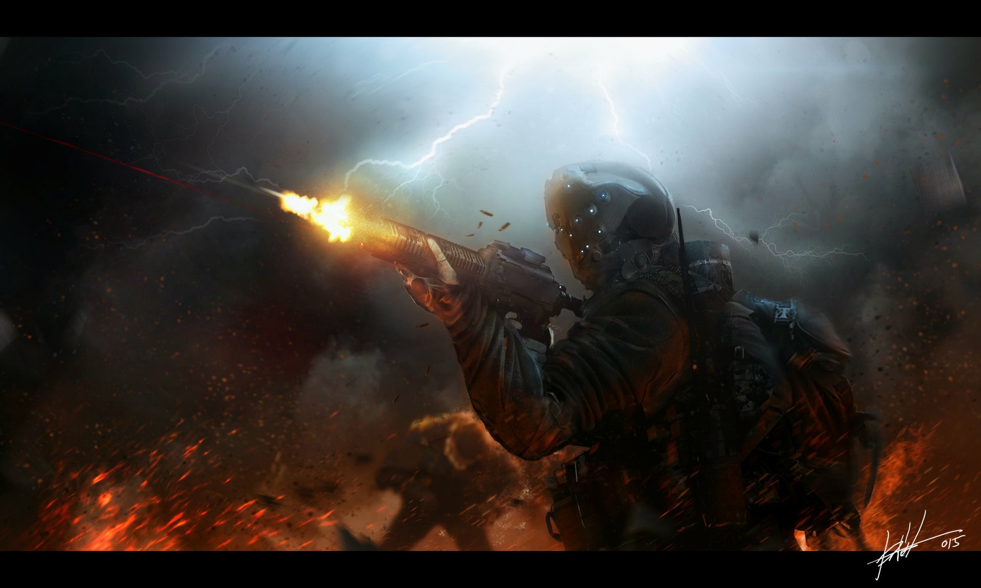 Sci-fi warrior firing a weapon amid a stormy battlefield, captured in a dynamic HD PC desktop wallpaper background.