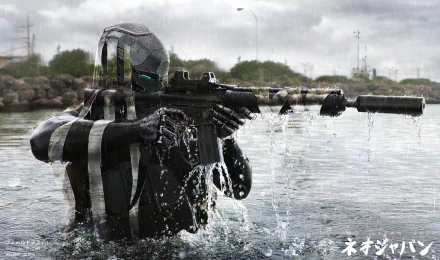 A futuristic warrior emerges from water in a sci-fi setting, featuring a sleek design and armed stance, representing the Neo Japan 2202 theme. High-definition wallpaper for an immersive background.