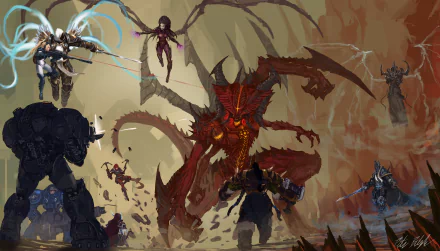 An epic HD wallpaper featuring characters from Warcraft and Diablo, including Tychus Findlay, Sylvanas Windrunner, and Malthael battling a massive demon in a dramatic landscape.