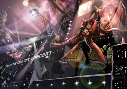A vibrant concert scene featuring a character with long red hair and red eyes in twintails, expressive of the anime and Vocaloid culture, set against dynamic stage lighting.