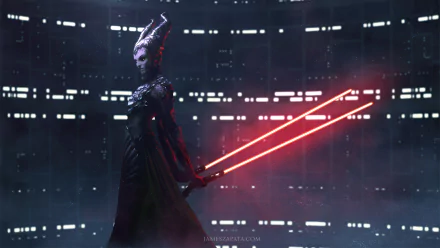 A striking HD wallpaper featuring a horned figure wielding dual red lightsabers in a dark, futuristic setting inspired by the Star Wars universe.