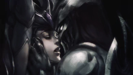 Monochrome HD desktop wallpaper featuring Zed and Syndra from League of Legends in a close, intense moment.