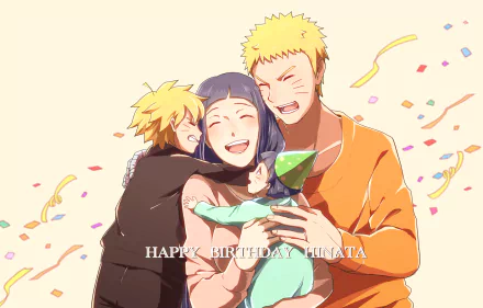 A heartwarming HD wallpaper featuring Boruto Uzumaki, Himawari Uzumaki, Hinata Hyuga, and Naruto Uzumaki from Boruto: Naruto the Movie, celebrating Hinata's birthday with joy and confetti.
