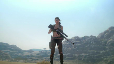 A striking HD wallpaper featuring Quiet from Metal Gear Solid V: The Phantom Pain, standing confidently with her sniper rifle against a vast desert landscape.