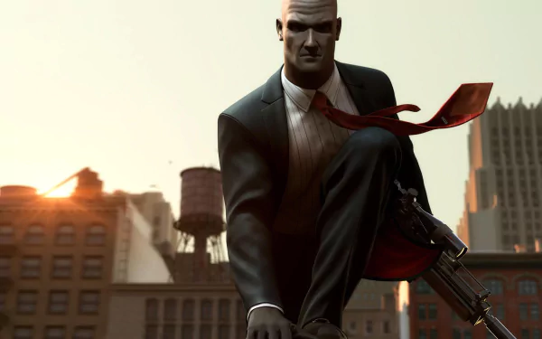 HD PC desktop wallpaper: Agent 47 from the video game Hitman: Codename 47 in a suit with a red tie, striding through a sunlit city skyline while carrying a rifle.